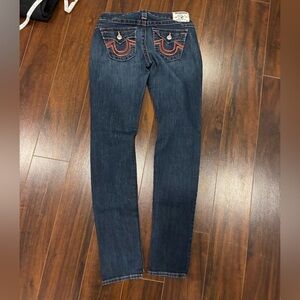 True Religion Dark Blue Skinny Jeans with Orange Stitching